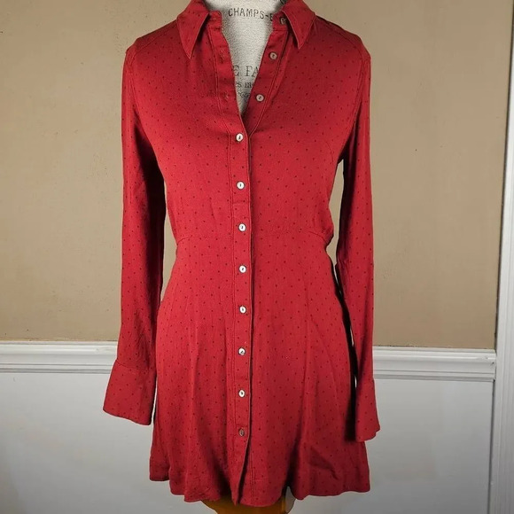 Free People Womens Red Black Polka Dot Shirt Dress Small - Picture 1 of 5